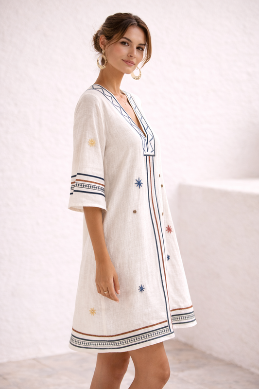 Naomi | Vestido de playa elegante azul con detalle dorado