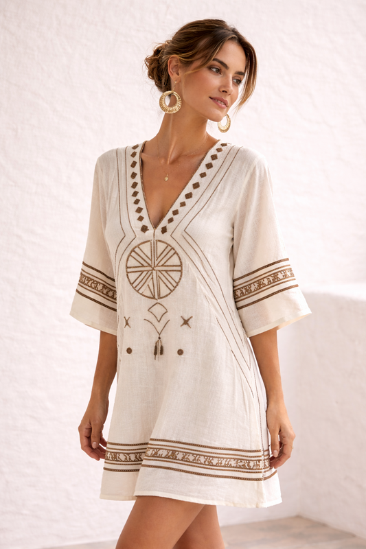 Danique | Vestido de playa elegante en blanco y dorado.
