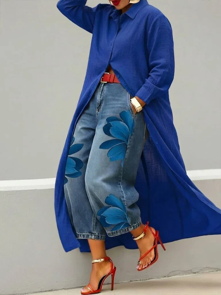Analie | Conjunto de vestido camisero de lino y vaquero floral