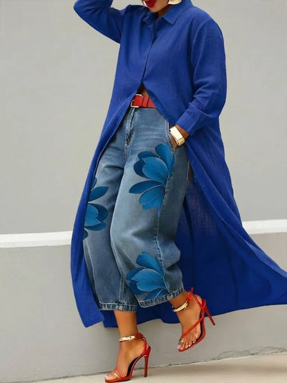 Analie | Conjunto de vestido camisero de lino y vaquero floral