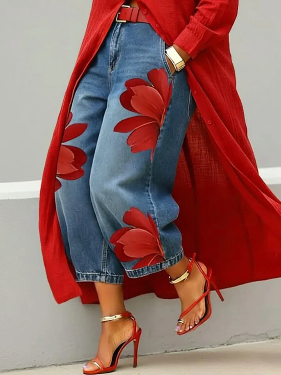 Analie | Conjunto de vestido camisero de lino y vaquero floral