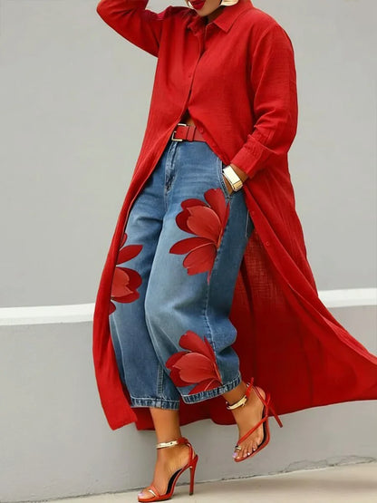 Analie | Conjunto de vestido camisero de lino y vaquero floral