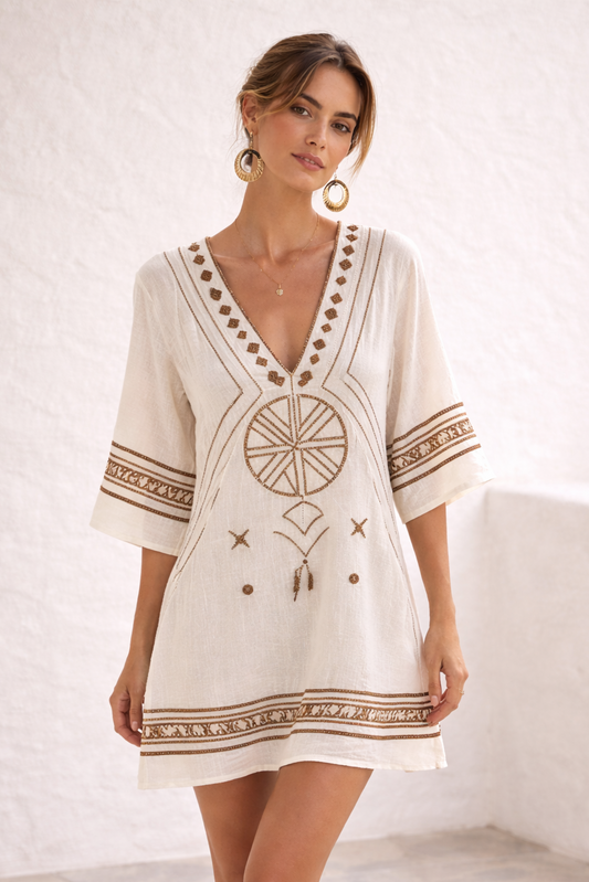 Danique | Vestido de playa elegante en blanco y dorado.