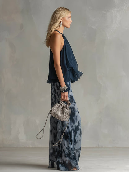 Ludovica | Elegante conjunto de gasa con top de cuello alto y pantalones anchos estampados