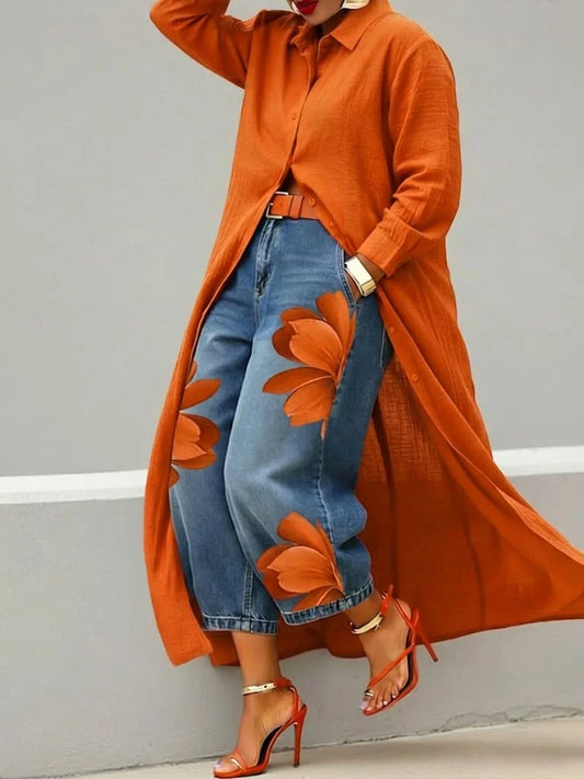 Analie | Conjunto de vestido camisero de lino y vaquero floral