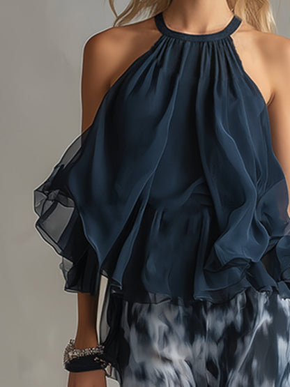 Ludovica | Elegante conjunto de gasa con top de cuello alto y pantalones anchos estampados