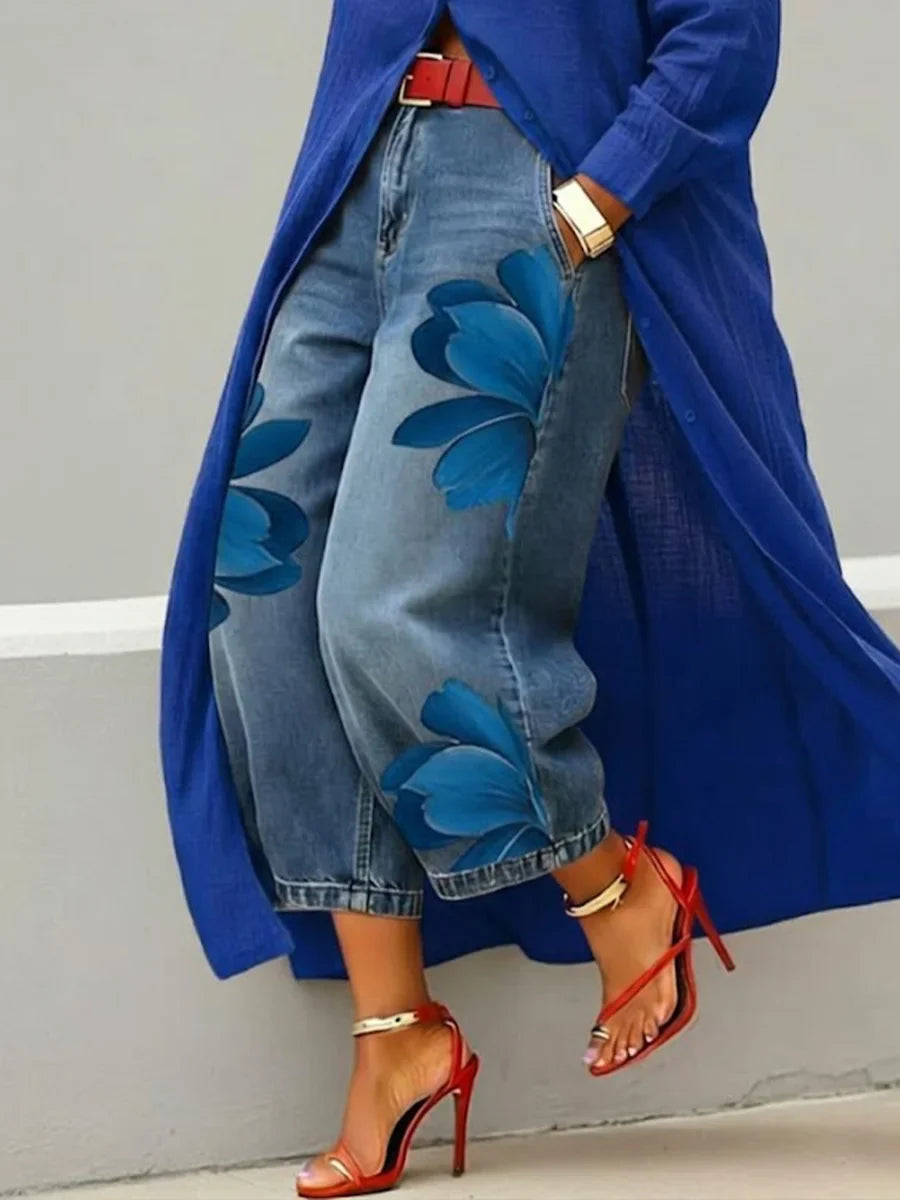 Analie | Conjunto de vestido camisero de lino y vaquero floral