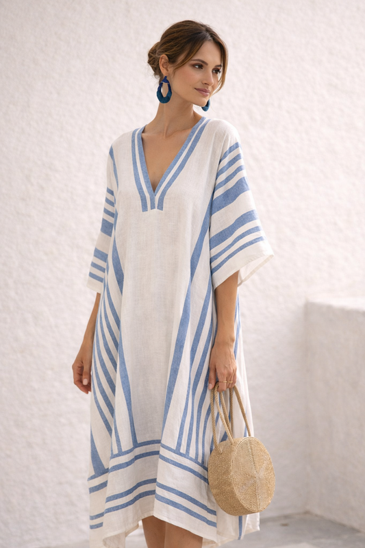 Kyra | Vestido elegante azul y blanco con escote en V