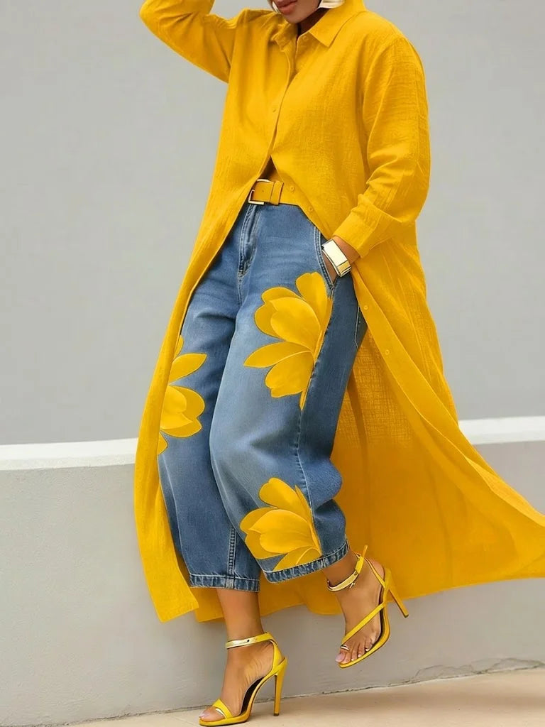 Analie | Conjunto de vestido camisero de lino y vaquero floral