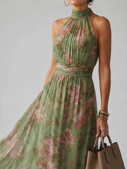Serena | Vestido Midi con Estampado Floral y Cuello Halter