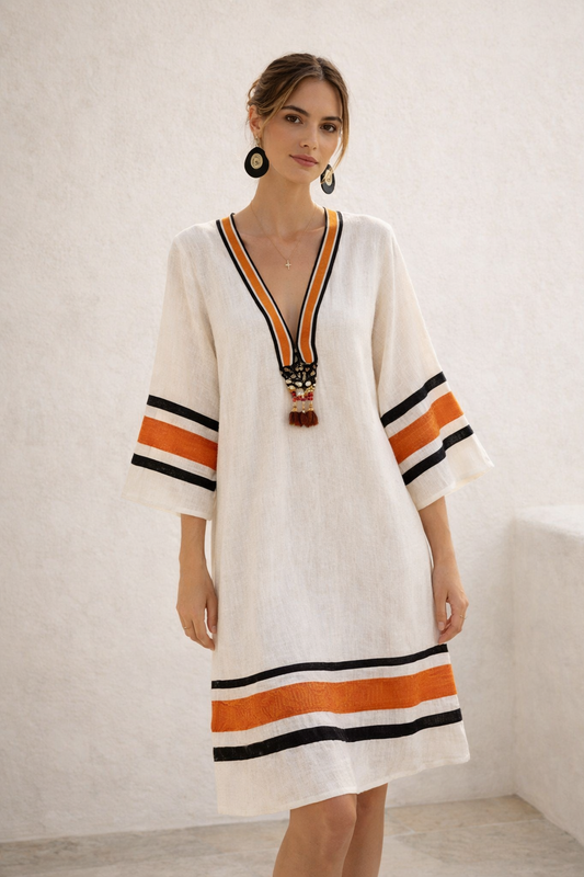 Amber | Vestido estampado negro y naranja con escote en V