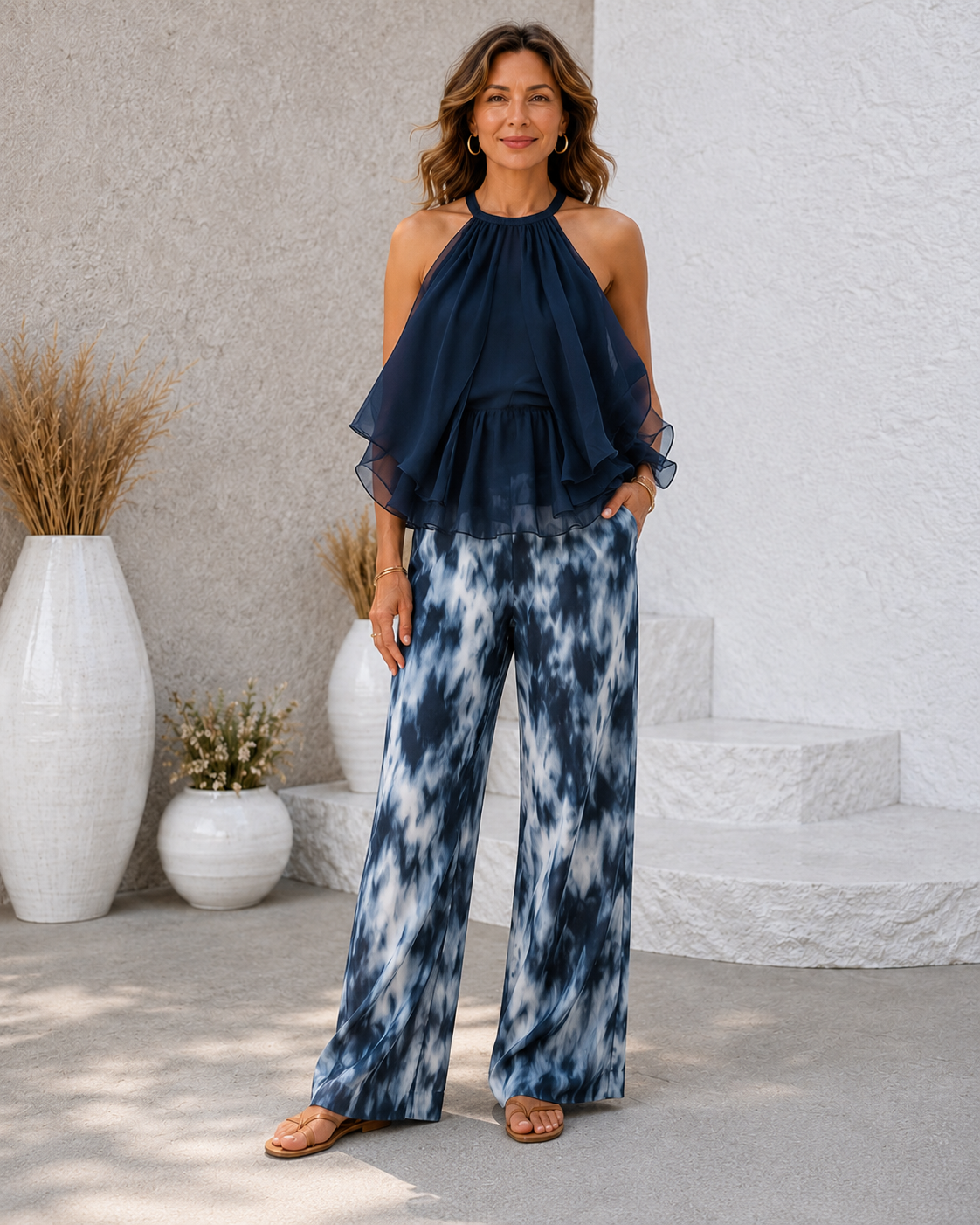Ludovica | Elegante conjunto de gasa con top de cuello alto y pantalones anchos estampados