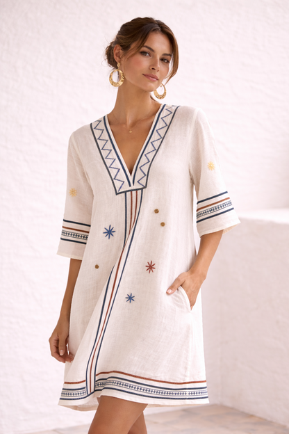 Naomi | Vestido de playa elegante azul con detalle dorado