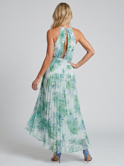 Portia | Vestido midi halter plisado con estampado floral suave