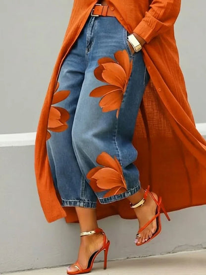 Analie | Conjunto de vestido camisero de lino y vaquero floral