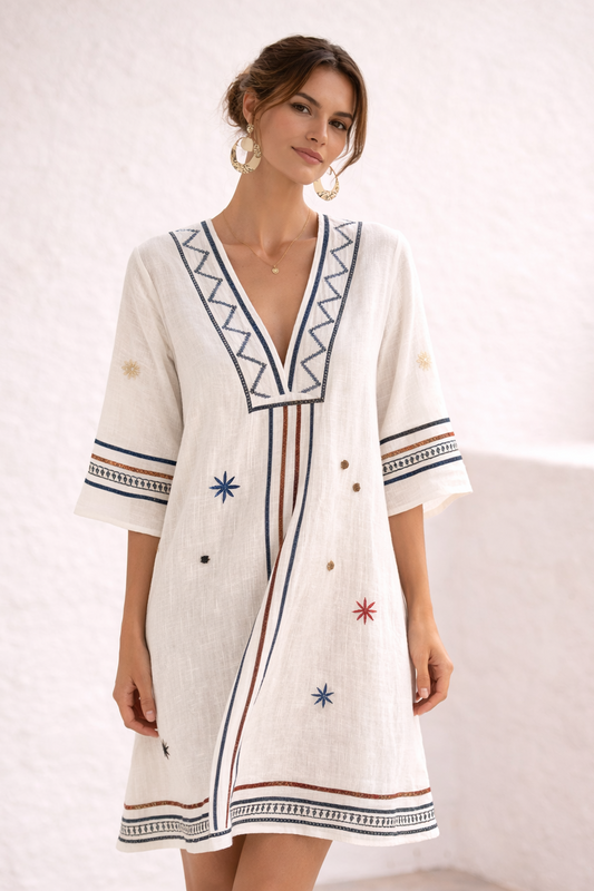 Naomi | Vestido de playa elegante azul con detalle dorado